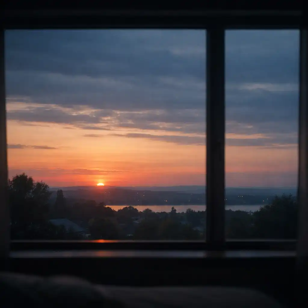 Lakásablak a tompa kékesszürke esti égbolt felé, halvány meleg fénnyel a horizonton.